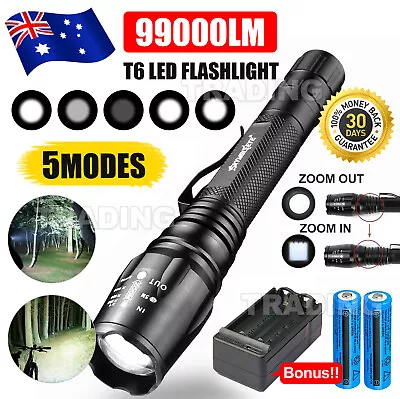 Rechargeable 99000LM Camping LED Flashlight T6 Tactical Torch Light & Charger • $14.95