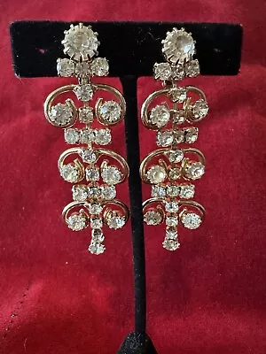 Vintage Sarah Coventry Earrings  Chandelier Crystals  Gold Tone 3” Clip Ons • $35