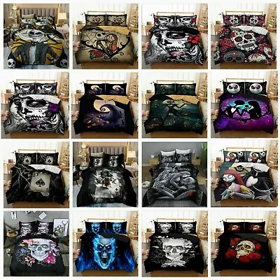 Floral Skull Gothic Duvet Cover Set Single Double King Size Bedding Pillow Cases • £20.69