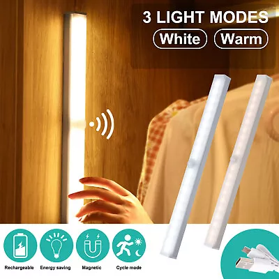 Wireless LED PIR Motion Sensor Light Strip Cabinet Closet Lamp USB Rechargeable • £6.89