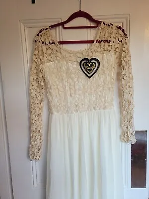 Womens Lace Cream Crochet Maxi Dress Long Sleeve Muslim Abaya Occasion Party • £13
