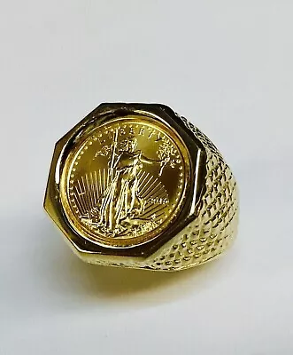 Men's 20 Mm Coin American Eagle Ring With Vintage Solid 14K Yellow Gold Plated • $163.03