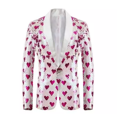 Men's Youth Sequin Heart Shaped Shawl Slim Blazer Suit Jacket Stage Singer SKGB • £62.39