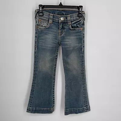 True Religion Jeans Little Girls Sz 5 Faded Wide Hem Flare Leg Blue Denim • $23.79