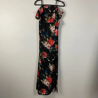 Lulu's Off The Shoulder Floral Maxi Dress Black Thigh High Side Slit Sz Medium • $49.95