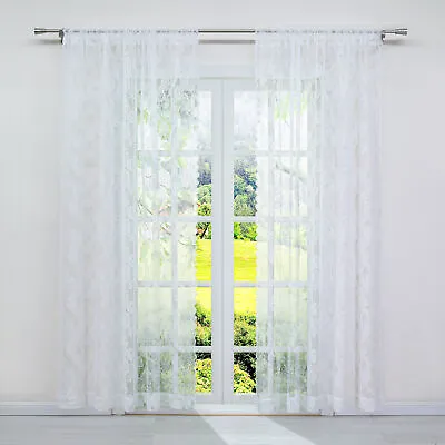 1 Pair White Floral Lace Curtains Ruffle Net Curtain Sheer Drape 2 Panels • £21.99