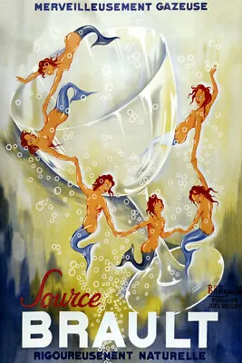 French Sparkling Water Source Brault Mermaid Bubbles Glass Vintage Poster Repro • $10.96