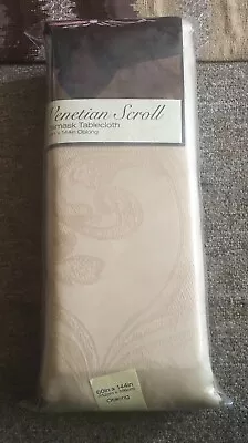 NEW Venetian Scroll Damask Tablecloth Beige Oblong  60 X 144 100% Polyester B3 • $29.99