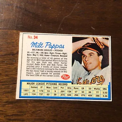 1962 Post Cereal Milt Pappas #34 Balt. Orioles (Trim Yourself) EXCELLENT • $19.99