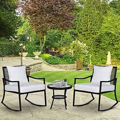 3 Pieces Rocking Chair Bistro Set Furniture Coffee Table Rattan Wicker Brown • £136.99