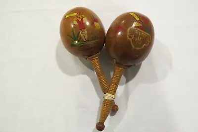 Vintage MARACAS Handmade Hand Painted Wooden Seed 9  Large Instruments Mexico • $19.95