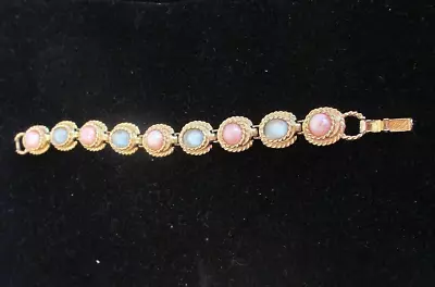 1970'S VINTAGE Gold-Tone/Pink Blue Moon Glow Cabochon SARAH COVENTRY Bracelet • $34.99