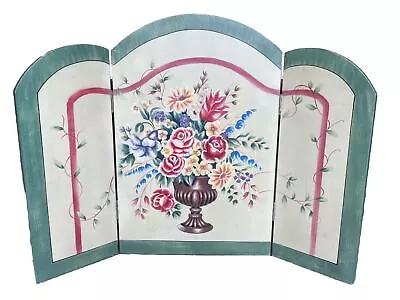 Handpainted Wooden Fireplace Screen Vintage Lillian Vernon Floral Green 3 Panel • $120