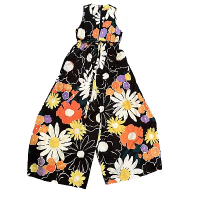 Dorian Leo Narducci Vtg 70s Jumpsuit Floral Daisy Wide Leg Mod Sleeveless Black • $178.99