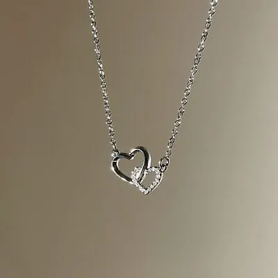 Fashion Silver Plated Crystal Double Heart Necklace Clavicle Chain Women Jewelry • $1.76