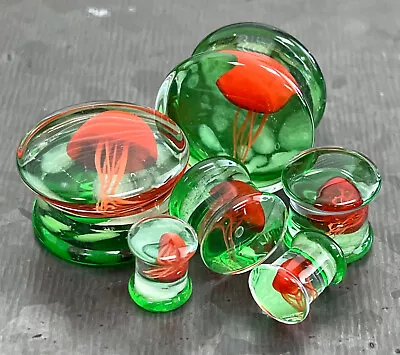 PAIR Floating Red & Green Jellyfish Pyrex Glass Double Flare Plugs Tunnel Gauges • $15.95