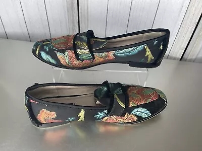 ZARA BASIC Black Orange Green Blue Floral Brocade Fabric Fringe Loafers 41 • $54.14