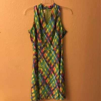 Vintage David Warren A Line Dress Green Diamond Sleeveless Notch Neck Zip Up 10 • $19.99