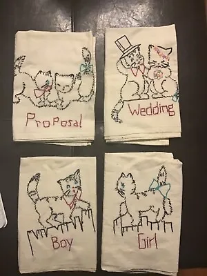Vintage Cats Hand-Embroidered Linen Tea Towels - Proposal Wedding Boy & Girl • $11.99