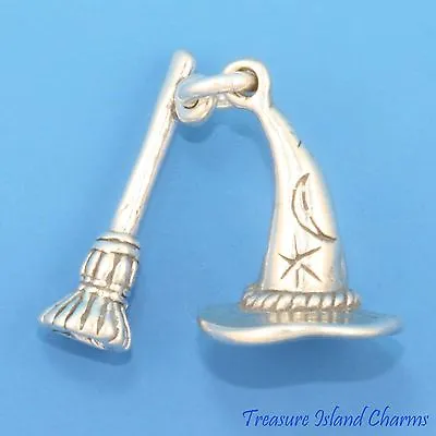 Witch Wizard Hat And Broom Broomstick Halloween 3D 925 Sterling Silver Charm • $29.95