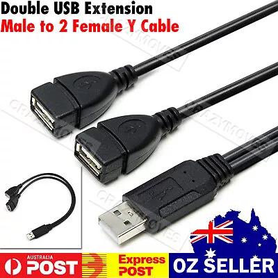 Double USB Extension A-Male To 2 A-Female Y Cable Cord Power Adapter VIC • $6.52