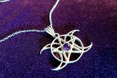 $2.17 • Buy Triple Moon Goddess Amethyst Necklace Goddess Gothic Moon Pentagram Necklace