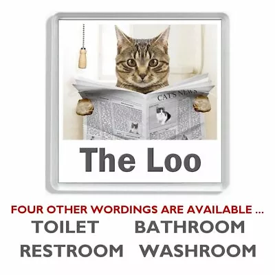 BROWN TABBY CAT READING A NEWSPAPER ON THE LOO Novelty Toilet Door Signs • £3.75