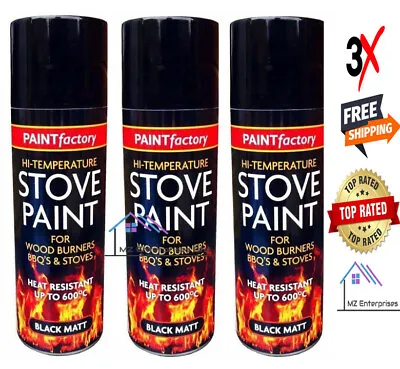 3 X 400ML HEAT RESISTANT MATT BLACK SPRAY PAINT STOVE HIGH TEMPERATURE PAINT NEW • £11.95