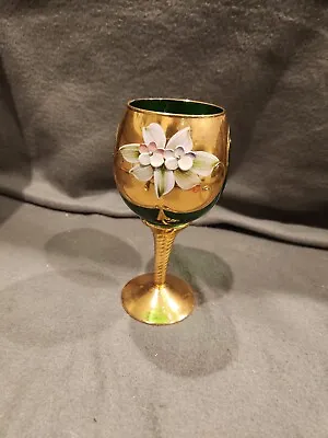 Murano Art Wine Glass GOLD And Green With Flowers Vintage • $7