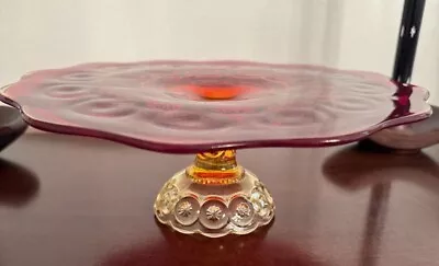 L.E. Smith Amberina Red Moon And Stars 11  Low Glass Cake Stand Glows • $50