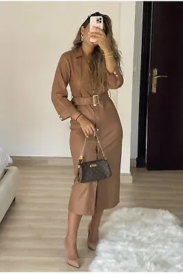 $69 • Buy Zara Woman Fw22 Faux Leather Brown Midi Shirt Dress Belted Sizes_nwt 3046/047