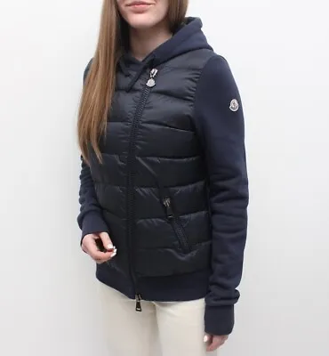 Women's MONCLER Maglia Cardigan Down Puffer Jacket Hybrid Hooded Navy M • $325