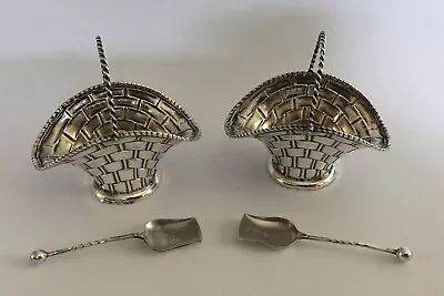 Pair Of Silver Basket Form Salts & Spoons Birmingham 1913/14 Crisford & Noris • £115