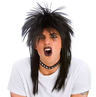 Ladies 80s 1980s 80's Rocker Diva Mullet Fancy Dress Wig Punk Rock Hair Black W • $15.25