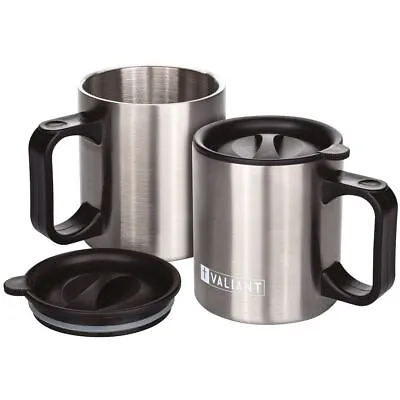 Valiant Insulated Camping Mug Twin Pack With Lids - Stainless Steel - 400ml • £12.99