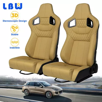 2PCS Racing Seats Adjustable Full Wrapped Beige Faux Leather Seats W/2 Sliders • $345.50