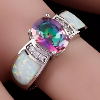 White Fire Opal 7x9 Oval Rainbow Mystic Topaz Silver Jewelry Ring Size 7 8 9 • $4.99