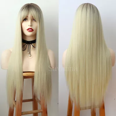 Ombre Brown Blonde Hair Synthetic Wigs Long Straight With Full Bangs Cosplay Wig • $18.79