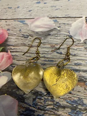 Stunning Vintage Estate Heart White Golden 2” Murano Glass Gold Tone Earrings. • $19.99