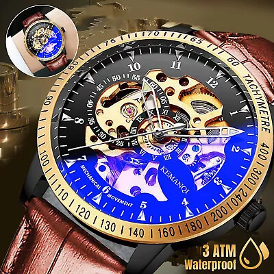 Men's Luxury Retro Skeleton Automatic Mechanical Watch Leather Band Waterproof • $19.98