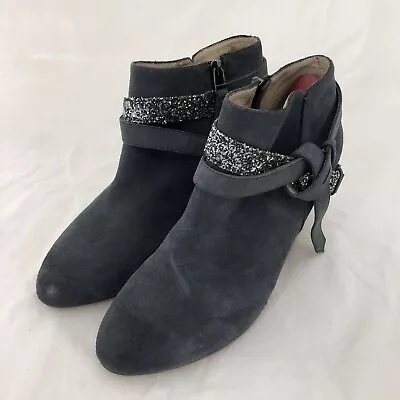 Matt Bernson Women Suede Ankle Bootie Heels Gray Size 10 Glitter Straps Side Zip • $29.38