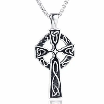 Mens Irish Celtic Knot Cross Stainless Steel Pendant Necklace Silver Men Gift • $7.99