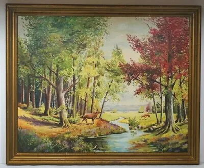 Vintage Outdoor Landscape Painting W/ Deers And Stream • $67.49