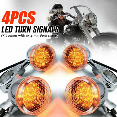 4x Front Rear Motorcycle LED Turn Signal Light 41mm Fork Clamp Chrome For Harley • $26.90