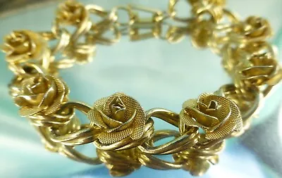 Vintage Golden Roses Rose Link Bracelet Pretty Dainty Gold Tone Rose Flower • $19.99