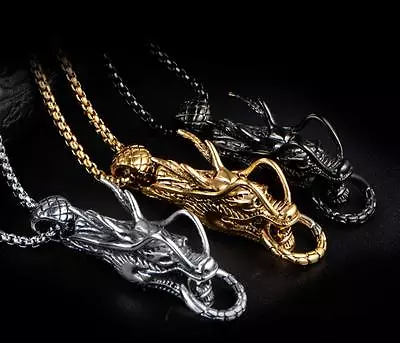 On Sale Men's Stainless Steel Biker Dragon Necklace Pendant 3mm 24'' Box Chain • $8.99