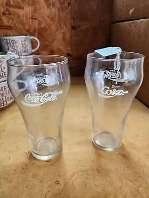 Vintage COCA COLA GLASSES Clear With White Lettering 5 Inches Tall Set Of 2 • $0.99