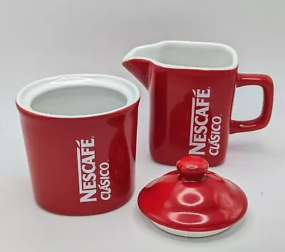NESCAFE CLASICO Coffee 3 Piece Red Cream & Sugar Set Creamer Sugar Bowl Cup Lid • $18
