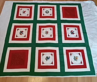 Vtg Handmade Quilted Christmas  Throw Blanket Red Cardinal Birds Holly 57 × 55  • $49.99