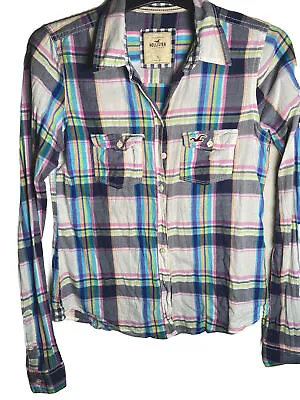 Hollister Size Small Shirt Flannel Western Blue Plaid Pearl Snap Ladies • £7.99